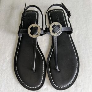 Mercedes Castillo Leather T-Strap Thong Sandal Flat Black Silver EU40 10 NWOB